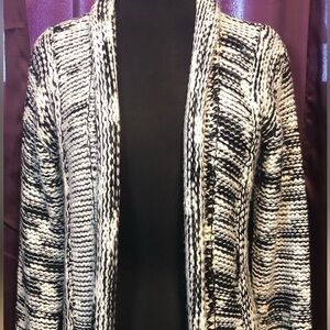 Fantazia Long Open Front Marled Fringe Cardigan Sweater Black And White